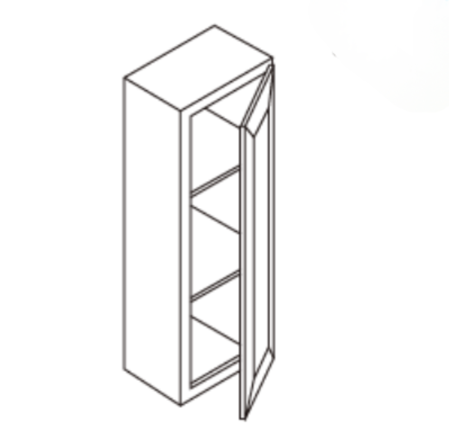 A tall, narrow cabinet with glass door and three shelves inside.